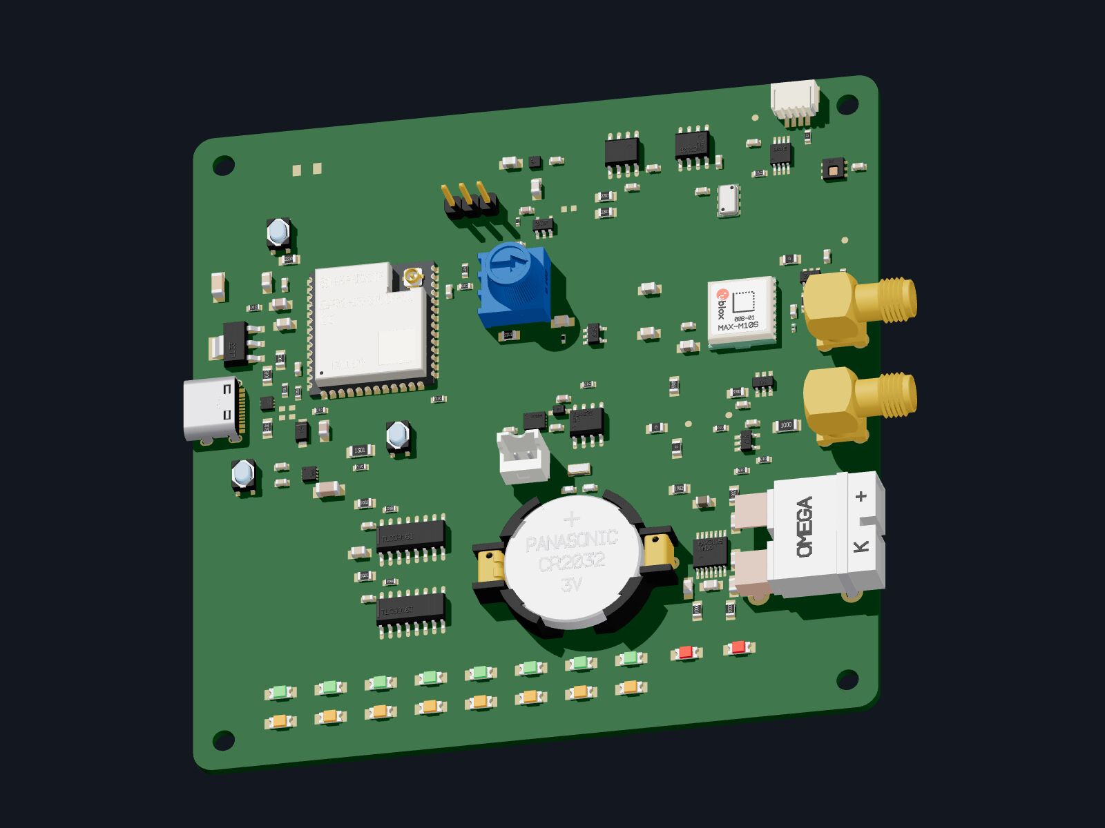 MAX board, top side, 3D render with green solder mask