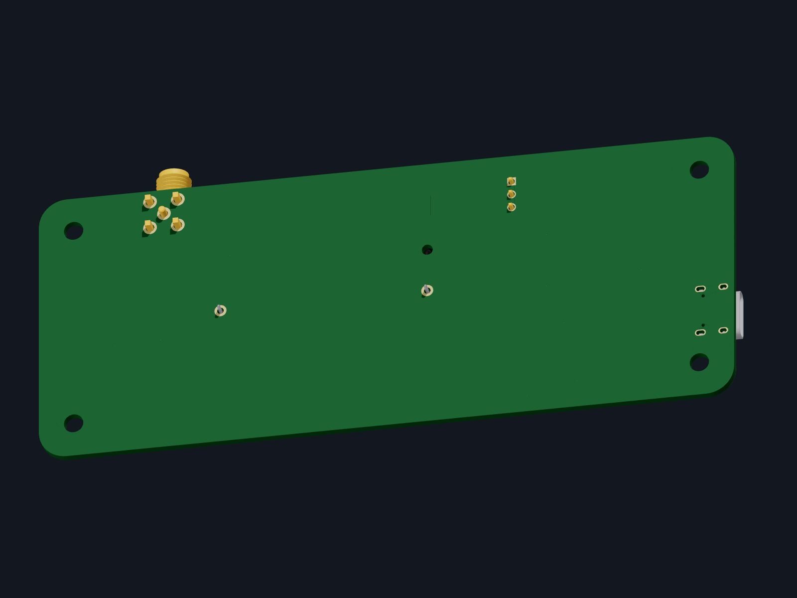NEO board, bottom side, 3D render with green solder mask