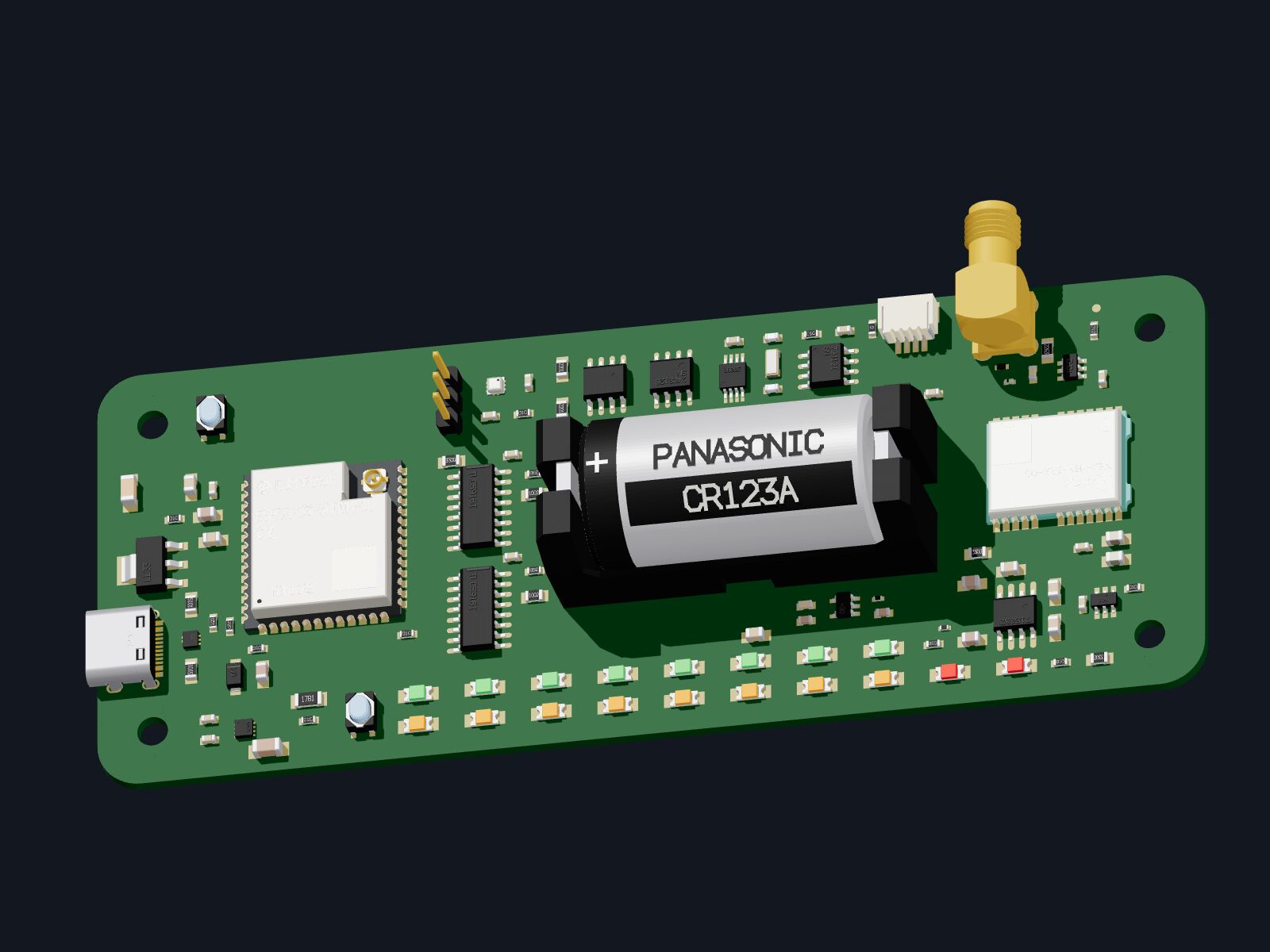 NEO board, top side, 3D render with green solder mask