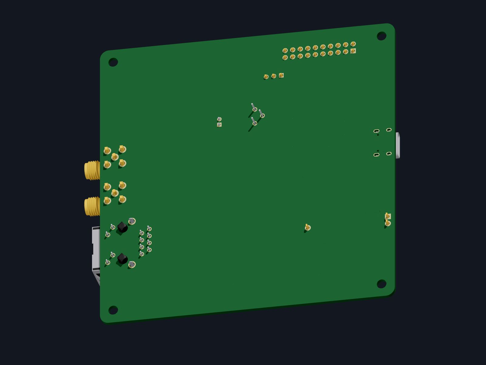 ZED / X20 board, bottom side, 3D render with green solder mask