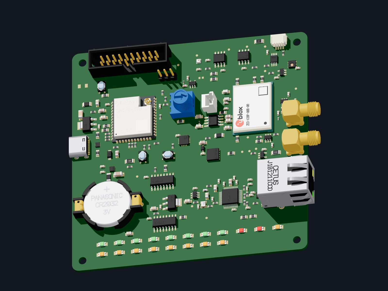 ZED / X20 board, top side, 3D render with green solder mask